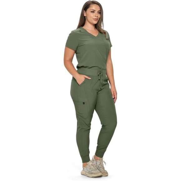 Slim Fit Stretchy Scrubs Women's Jogger Scrub Set Slim Jogger Scrubs with Tuck - Picture 2 of 7